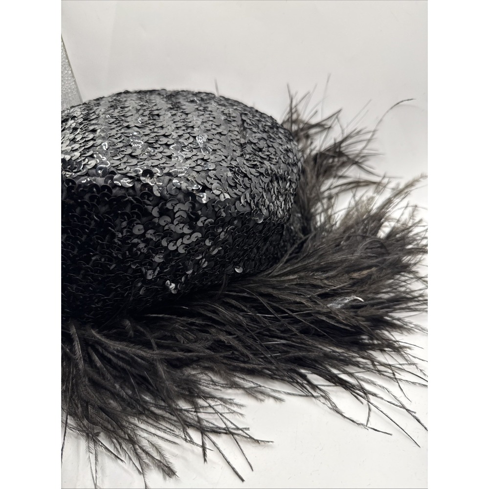 Vintage 1950s Henry Margu Original Hat Ostrich Feathers Black Sequin Stunning - Picture 3 of 10